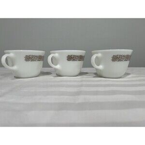 Pyrex Corning NY USA "Woodland Brown" Coffee Mugs Set Of 3 White VTG